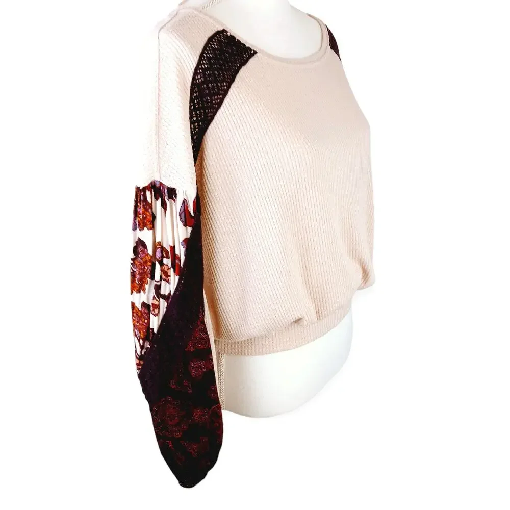 Free People SZ S Casual Clash Top Pink Burgundy Balloon Sleeve Thermal BOHO $88